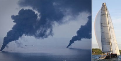 Quemas controladas del crudo vertido por BP en el golfo de México y a la derecha el yate de su consejero delegado, el sábado en las regatas.