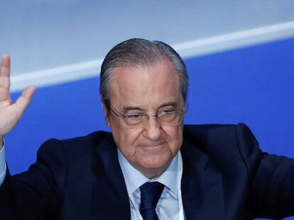  El presidente del Real Madrid, Florentino Pérez, durante su intervención en la Asamblea General ordinaria de la entidad