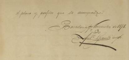 Signatura de Gaudí a la memòria del projecte.
