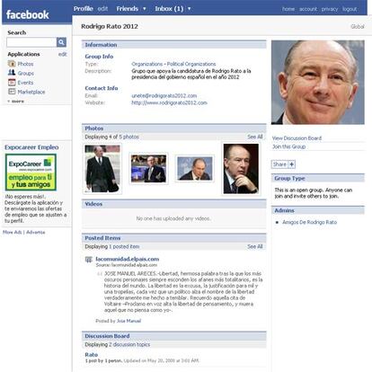 El perfil en Facebook de un grupo de apoyo a Rato: Amigos de Rodrigo Rato.