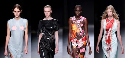 Cuatro de las propuestas de la colección primavera/verano 2023 de Christopher Kane, en su desfile en Londres el 18 de septiembre.