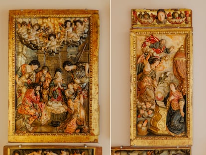 A l'esquerra Naixement i a la dreta Anunciació, retaules del Roser de l'Església de Sant Pere Màrtir (1642 – 1656), de Joan Grau( escultor) i Gabriel Adrià i Magí Torrebruna (dauradors).