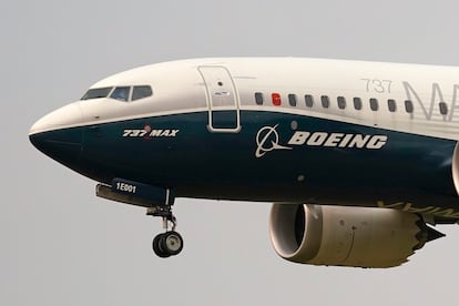 A Boeing 737 Max jet prepares to land at Boeing Field following a test flight in Seattle, Sept. 30, 2020.