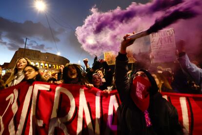 A group of people protest violence against women in Rome, on November 25, 2023.