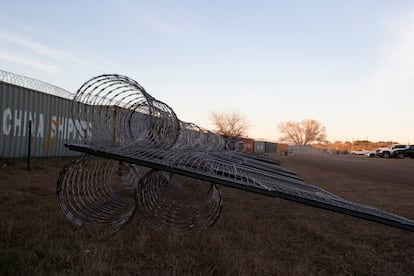 Non-scalable fencing and razor wire, prepared by the Texas National Guard engineers to be set up, lays in Shelby Park at the U.S.-Mexico border in Eagle Pass, Texas, U.S., January 16, 2024.     REUTERS/Kaylee Greenlee Beal