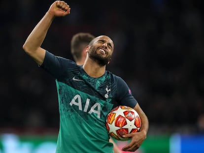 Lucas Moura comemora a classificação do Tottenham para a final da Champions.