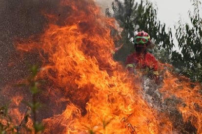 Un bombero trabaja en la extinción del incendio forestal en Sarnada, Portugal.