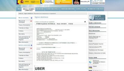 La solicitud de registro de la marca Uber en la página web de la OEPM.