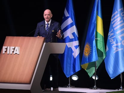 Gianni Infantino, durante el discurso previo a su reelección como presidente de la FIFA hasta 2027 celebrada en Kigali (Ruanda).