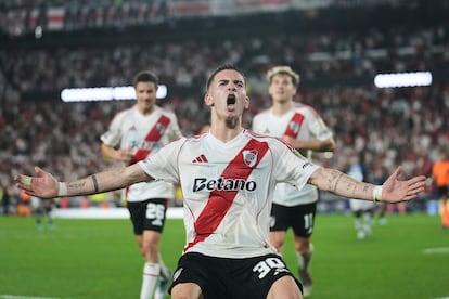 Franco Mastantuono celebra su gol contra Independiente del Valle en la Copa Libertadores.