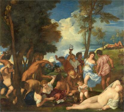 ‘La bacanal de los andrios’, de Tiziano (Óleo sobre lienzo, 175 x 193 cm 1523-26). Una de las joyas más esplendorosas del Prado, adquiere una nueva dimensión en esta muestra.