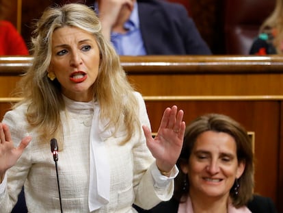 La vicepresidenta segunda y ministra de Trabajo y Economía Social, Yolanda Díaz, en el Congreso de los Diputados, este miércoles, en Madrid.