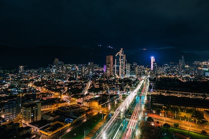 Bogota, Colombia - November 2020: The Avenida El Dorado in Bogota seen during a dark night.