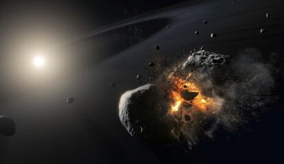 Representación de una colisión de dos cuerpos helados del tamaño de un asteroide que orbitan alrededor de la brillante estrella Fomalhaut, a unos 25 años luz de la Tierra.