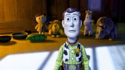 Woody, en 'Toy Story 3', acaba de ver algo que no le gusta nada.