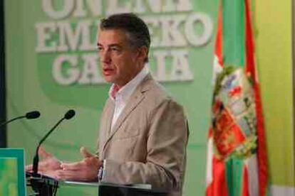 El presidente del PNV, Iñigo Urkullu, durante su comparecencia en Bilbao.