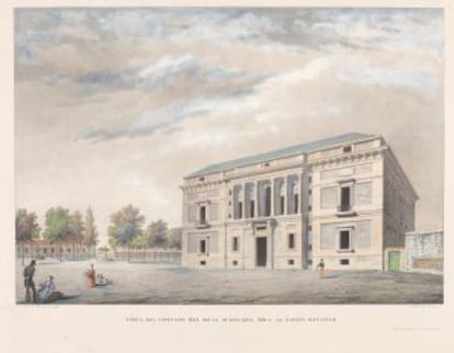 Vista de la fachada del Real Museo desde el Jardín Botánico (1829 - 1832). Aguatinta litográfica de Carlos de Vargas.