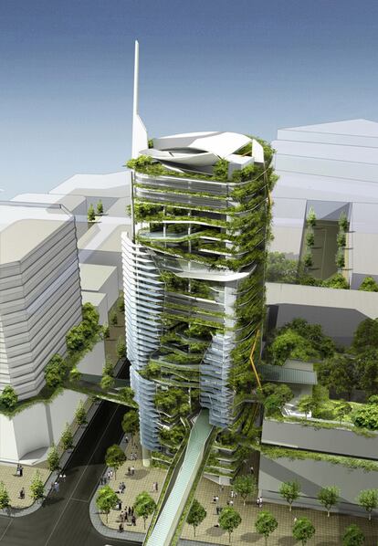 Energía solar, aprovechamiento y filtrado de agua, gestión inteligente de los residuos, terrazas vegetales con especies endémicas, reutilización de aguas pluviales y grises... La Editt Tower de Singapur, obra de Ken Yeang especializado en bioclimatismo, debe su nombre a las siglas de la filosofía que la inspiró: Ecological Design in The Tropics.