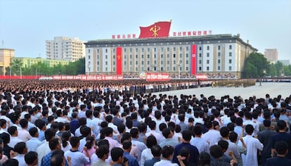 KCNA picture of people attending a mass rally at Kim Il Sung Square in Pyongyang