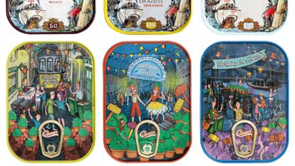 Las latas de O Mundo Fantástico da Sardinha Portuguesa contienen desde filetes de caballa hasta bacalao asado, y su diseño es un homenaje a la imaginería y la geografía lusas.