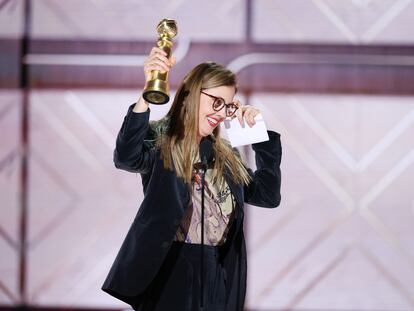 Justine Triet accepts the award for Best Screenplay  Motion Picture for "Anatomy of a Fall" at the 81st Golden Globe Awards