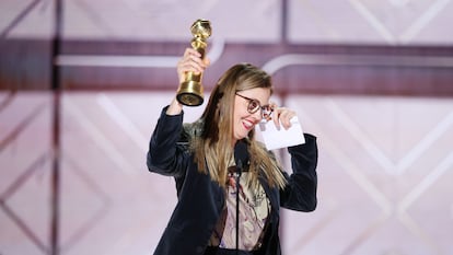 Director Justine Triet collects the Golden Globe for best screenplay for 'Anatomy of a Fall' at the awards ceremony in Los Angeles in early January.