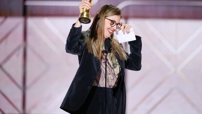 Justine Triet accepts the award for Best Screenplay  Motion Picture for "Anatomy of a Fall" at the 81st Golden Globe Awards