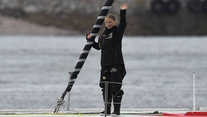 Greta Thunberg, la semana pasada, al partir en barco desde Plymouth (Inglaterra) hacia Nueva York.