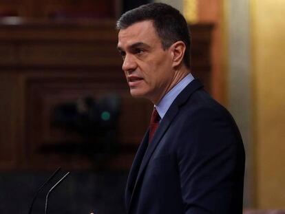 El presidente del Gobierno, Pedro Sánchez, este miércoles durante su defensa de soicitud del estado de alarma.