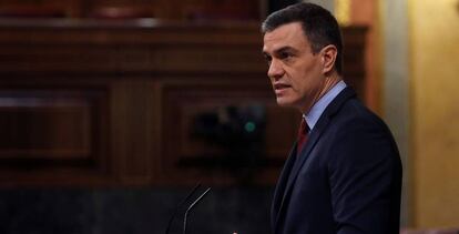 El presidente del Gobierno, Pedro Sánchez, este miércoles durante su defensa de soicitud del estado de alarma.