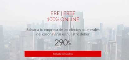 Imagen de la portada de la web www.eredirect.es en la que se anuncian los ERE y ERTE a partir de 290 euros.