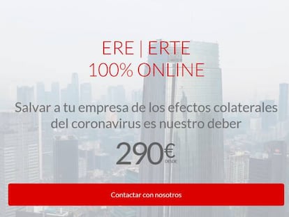 Imagen de la portada de la web www.eredirect.es en la que se anuncian los ERE y ERTE a partir de 290 euros.