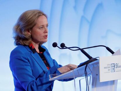 La ministra de Economía y Empresa, Nadia Calviño, durante su intervención en la clausura el foro Spain Investors Day