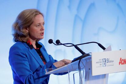 La ministra de Economía y Empresa, Nadia Calviño, durante su intervención en la clausura el foro Spain Investors Day