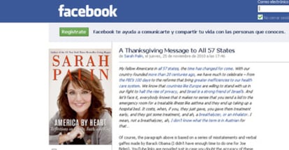 Captura de la página de Facebook de la ex gobernadora de Alaska, Sarah Palin, donde enumera las equivocaciones del presidente estadounidense Barack Obama.
