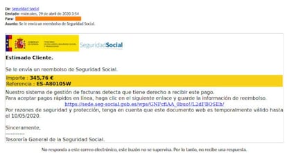 Ejemplo de correo electrónico fraudulento suplantando a la Seguridad Social.