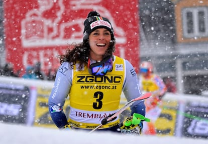 Federica Brignone of Italy reacts after the second run of the giant slalom race in the women's alpine skiing World Cup at Mont Tremblant, December 3.