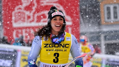 Federica Brignone of Italy reacts after the second run of the giant slalom race in the women's alpine skiing World Cup at Mont Tremblant, December 3.