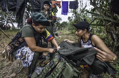 Manuela (C) Marta (L) and Rosmira (R), members of the Revolutionary Armed Forces of Colombia (FARC), prepare their uniforms at a camp in the Colombian mountains on February 18, 2016. Many of these women are willing to be reunited with the children they gave birth and then left under protection of relatives or farmers, whenever the imminent peace agreement puts an end to the country's internal conflict. AFP PHOTO / LUIS ACOSTA    