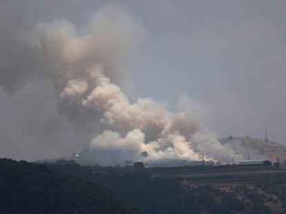 A fire near Banias, in the Golan Heights, caused by the launch of a bomb drone from Lebanon, June 9.