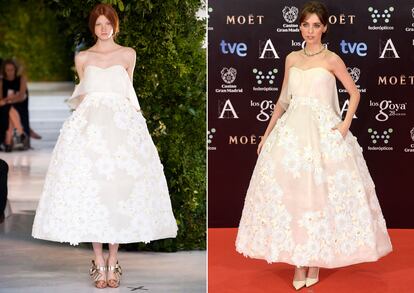 Leticia Dolera, seguidora confesa del trabajo de Font incluso antes de su aterrizaje en Delpozo, lució un diseño de aires nupciales de la firma en los Goya 2014. Un delicado vestido que, según confesó la actriz, el mismísimo Josep Font escogió para ella desde Nueva York. Fue la única invitada que vistió la marca en aquella alfombra roja, puesto que la casa siempre ha preferido apostar por una única celebrity en cada evento.