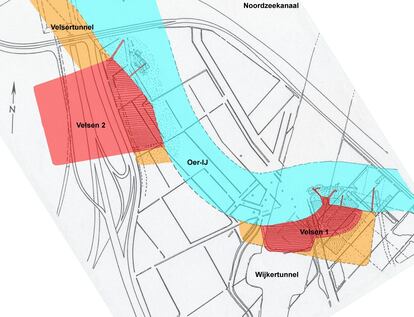 Mapa de los dos fuertes, Velsen 1 y Velsen 2, junto al río Rin.