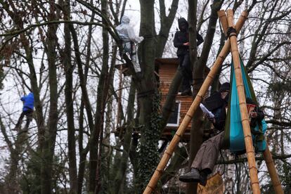 Varios activistas climáticos subidos a árboles esperan ser desalojados en Lüetzerath, este miércoles. 