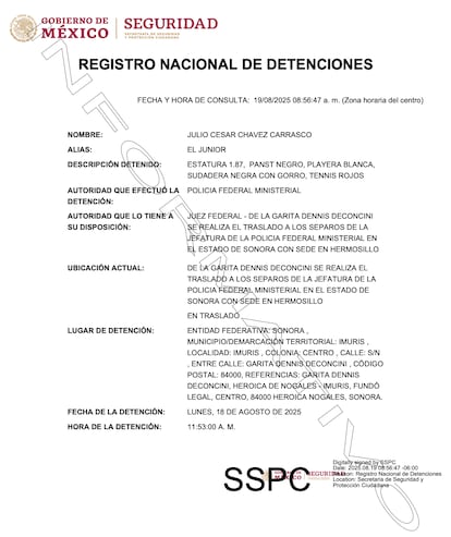 Documento de la detención a Julio Cesar Chávez Jr.
