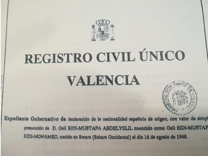 Documento del Registro Civil de Valencia que acredita la nacionalidad española de Brahim Gali.