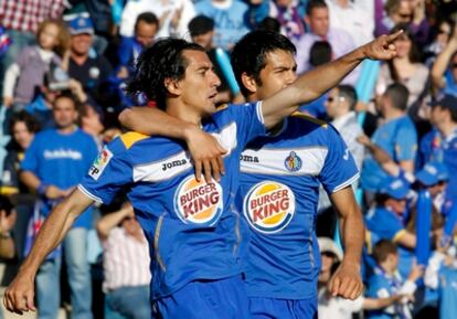 Pedro Ríos celebra su segundo gol contra el Almería.