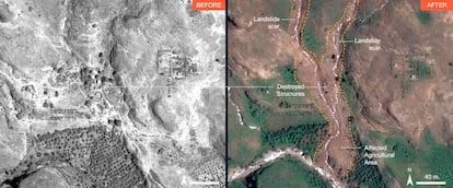 Antes y después de los deslizamientos de tierra en la zona de Tarsin, en Sudán, en una imagen recogida por UNOSAT.