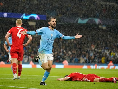 Bernardo Silva celebra el 2-0 al Bayern, el martes en Mánchester.