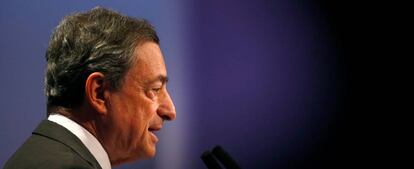 El presidente del BCE, Mario Draghi, durante su intervención en el Congreso de Banca Europea, en Fráncfort (Alemania).