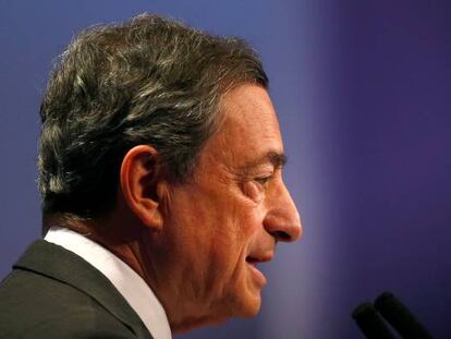 El presidente del BCE, Mario Draghi, durante su intervenci&oacute;n en el Congreso de Banca Europea, en Fr&aacute;ncfort (Alemania). 